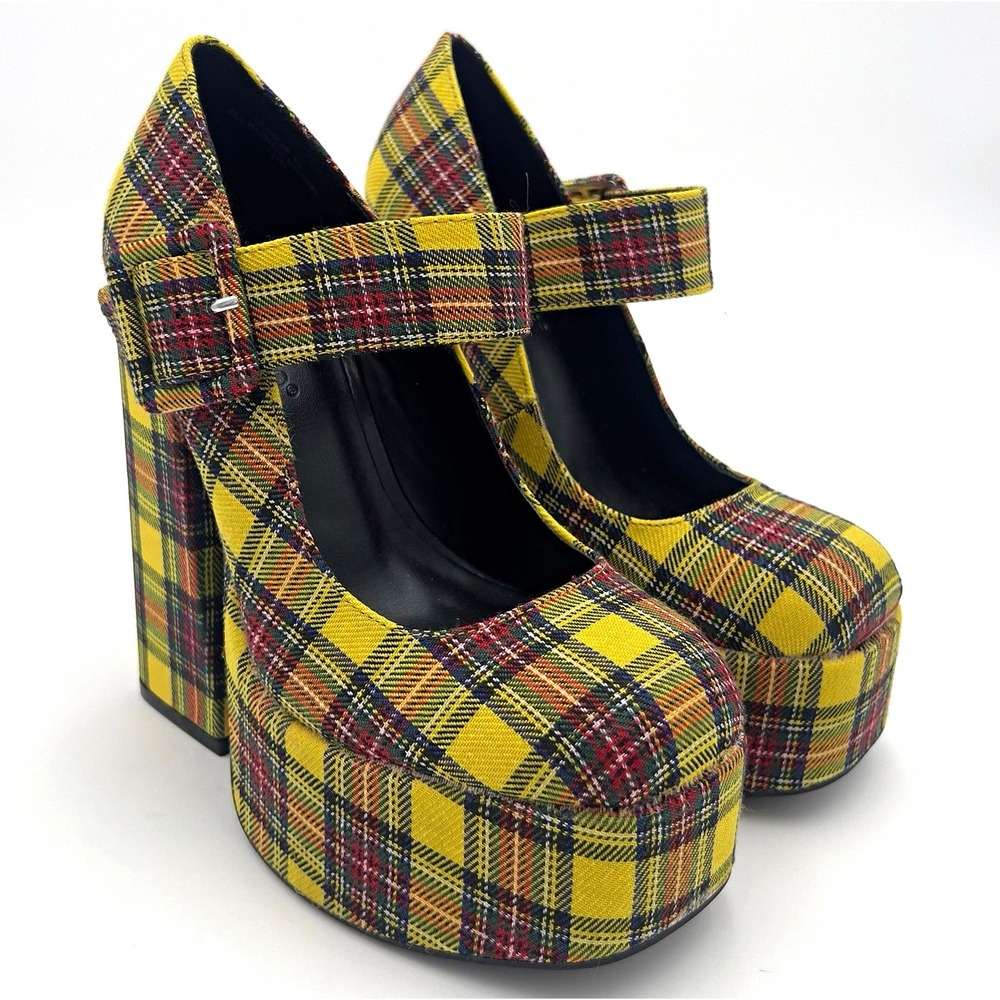 Bamboo Yellow Plaid Platform Mary Jane Heels Chunky Block Shoes Women's 5.5